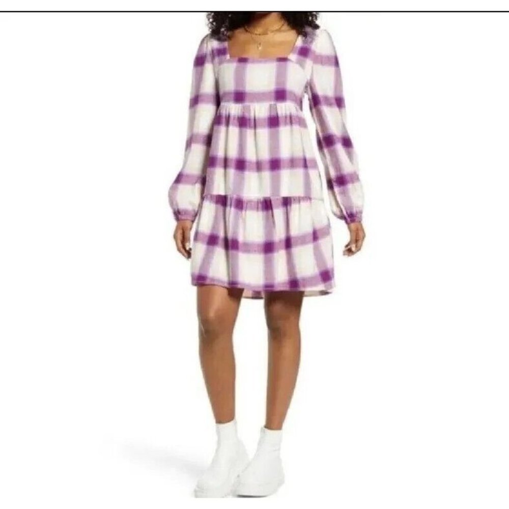 Nordstrom BP Women's Mini Dress Plaid apurple and Ivory Long Sleeve Size XS NWT